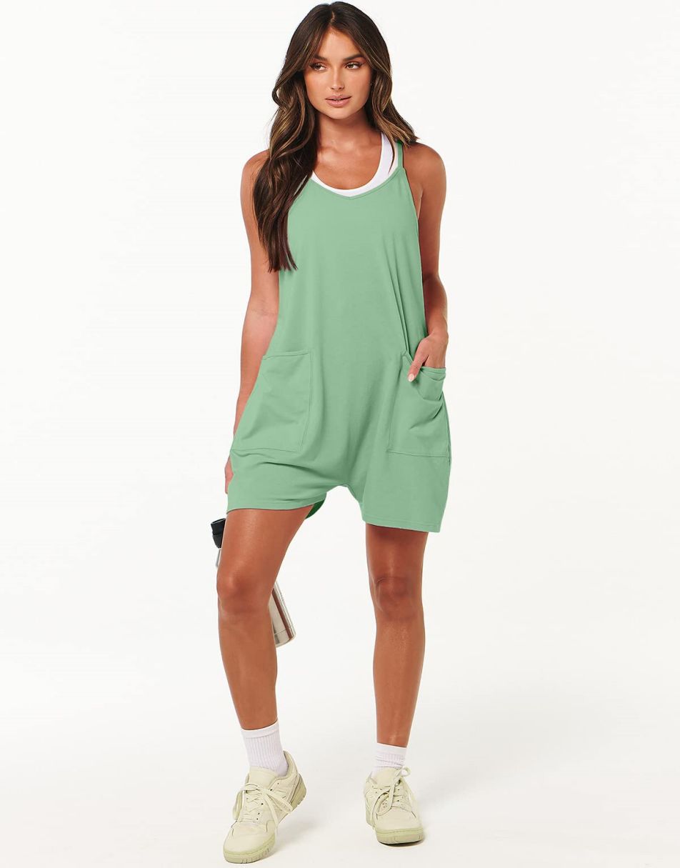 Anrabess Casual Rompers Loose Spaghetti Strap Shorts Jumpsuit with Pockets