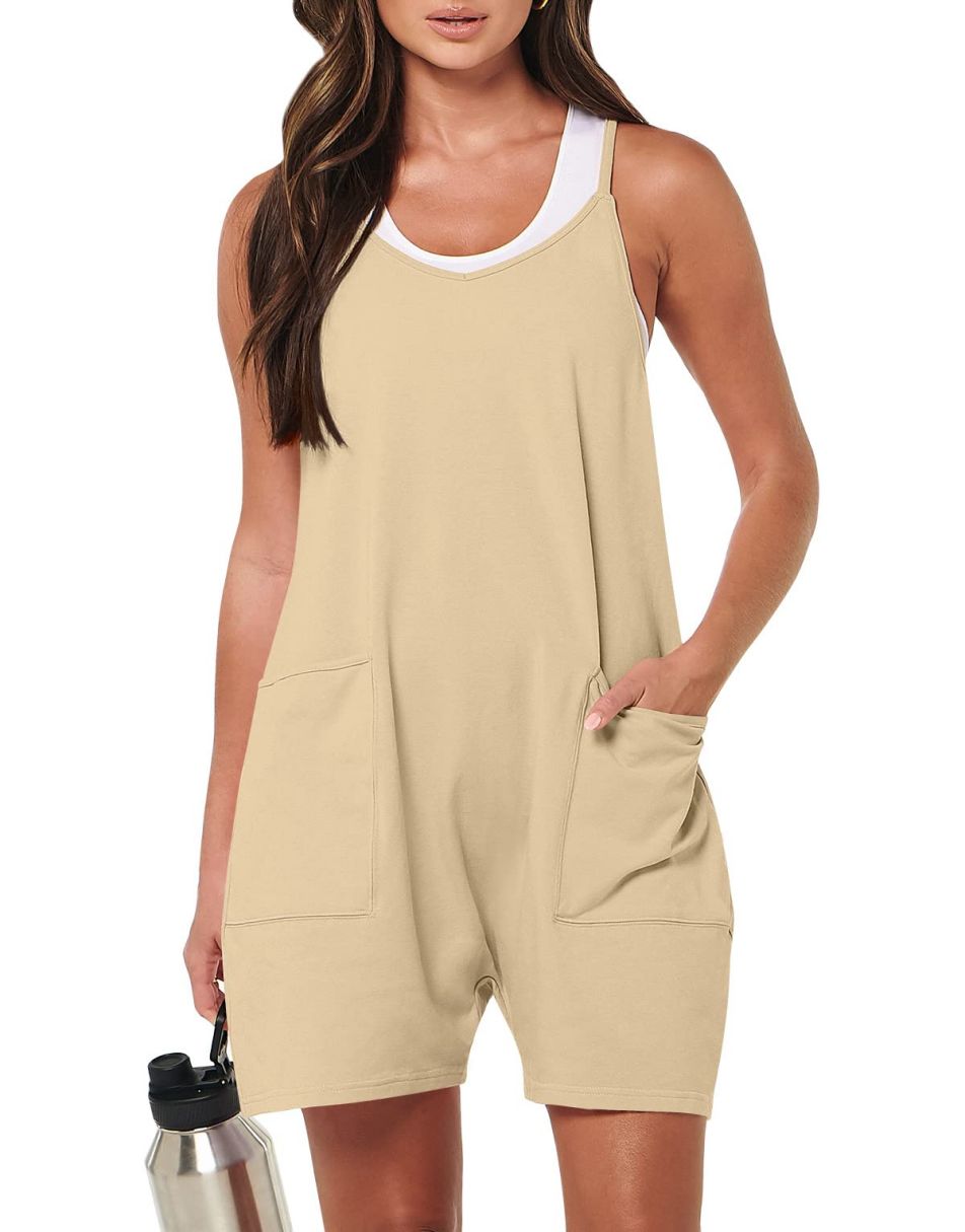 Anrabess Casual Rompers Loose Spaghetti Strap Shorts Jumpsuit with Pockets