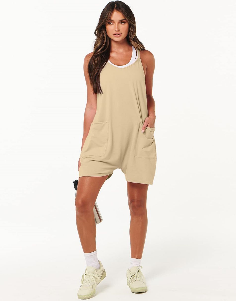 Anrabess Casual Rompers Loose Spaghetti Strap Shorts Jumpsuit with Pockets