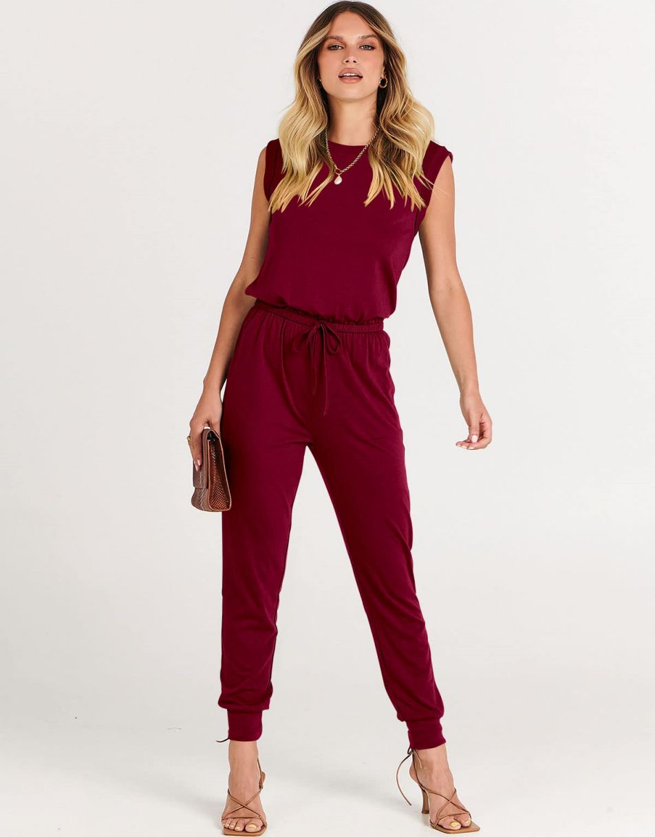 ANRABESS Crewneck Sleeveless Stretchy Jumpsuits Rompers with Pockets