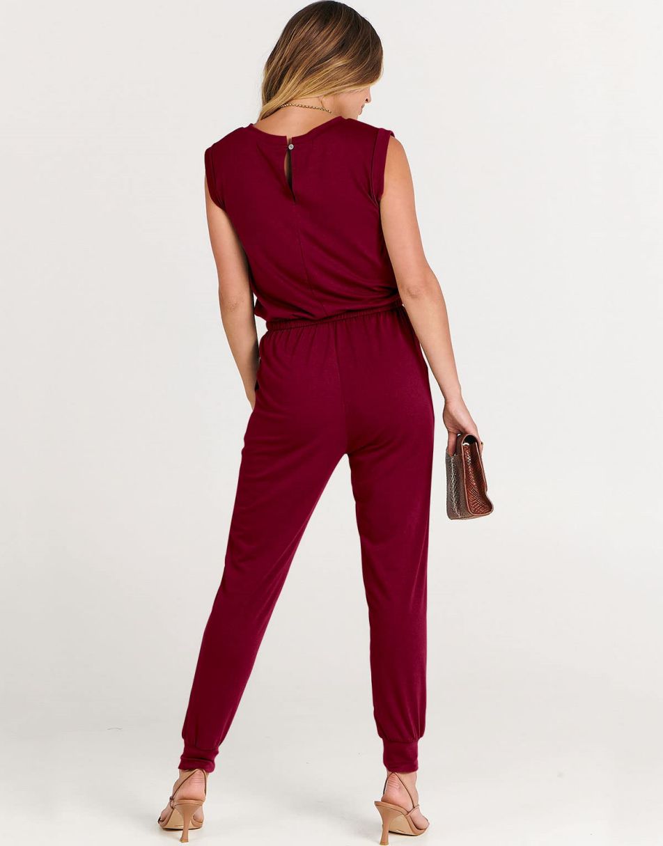 ANRABESS Crewneck Sleeveless Stretchy Jumpsuits Rompers with Pockets