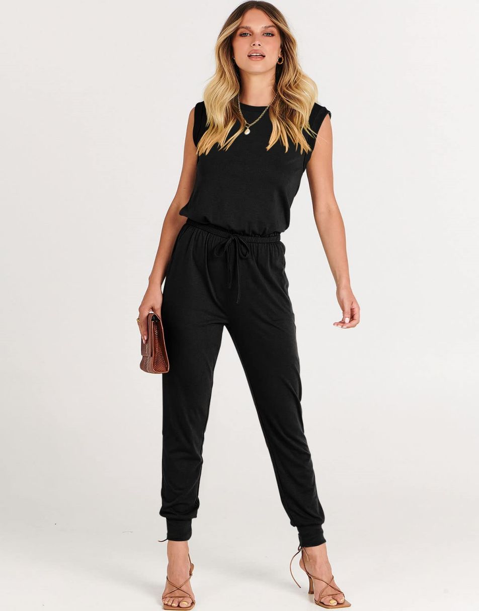ANRABESS Crewneck Sleeveless Stretchy Jumpsuits Rompers with Pockets