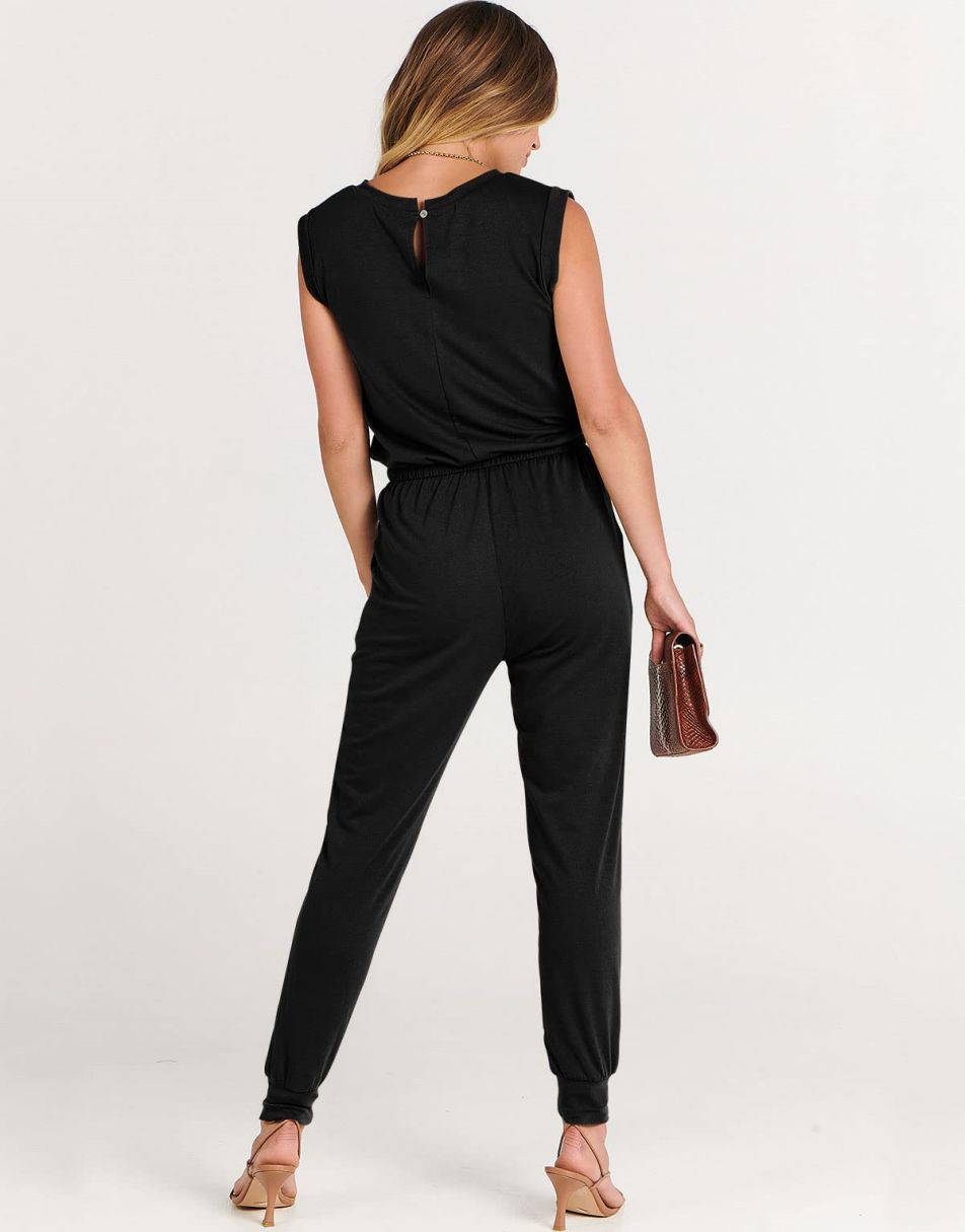ANRABESS Crewneck Sleeveless Stretchy Jumpsuits Rompers with Pockets
