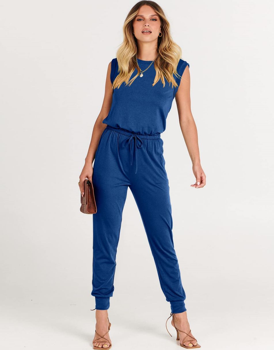 ANRABESS Crewneck Sleeveless Stretchy Jumpsuits Rompers with Pockets