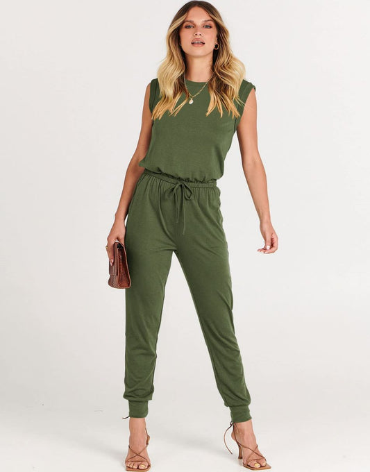 ANRABESS Crewneck Sleeveless Stretchy Jumpsuits Rompers with Pockets