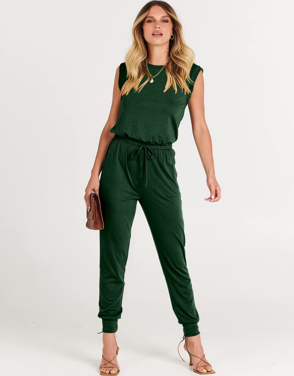 ANRABESS Crewneck Sleeveless Stretchy Jumpsuits Rompers with Pockets