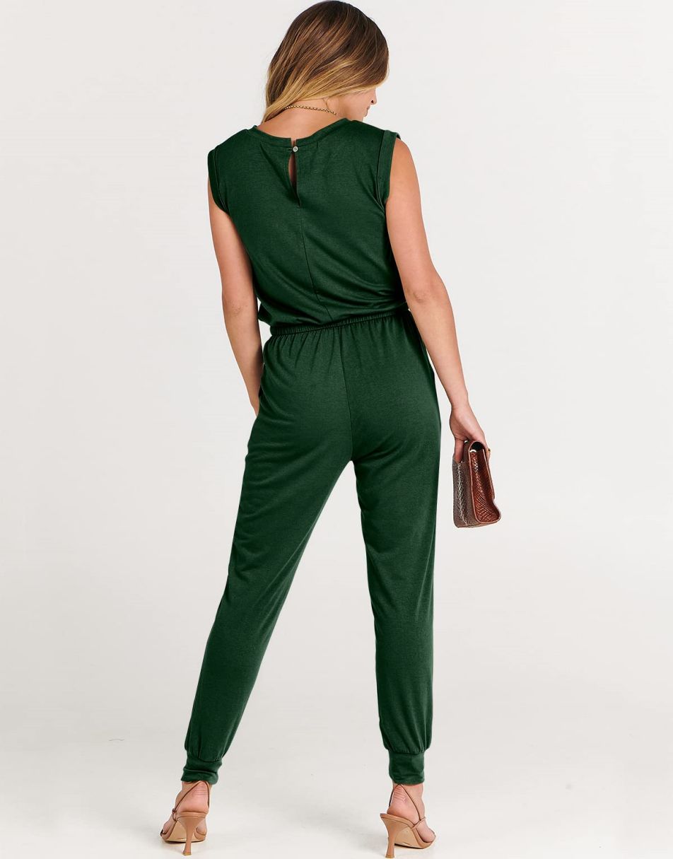 ANRABESS Crewneck Sleeveless Stretchy Jumpsuits Rompers with Pockets