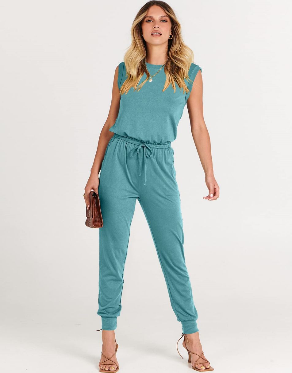 ANRABESS Crewneck Sleeveless Stretchy Jumpsuits Rompers with Pockets