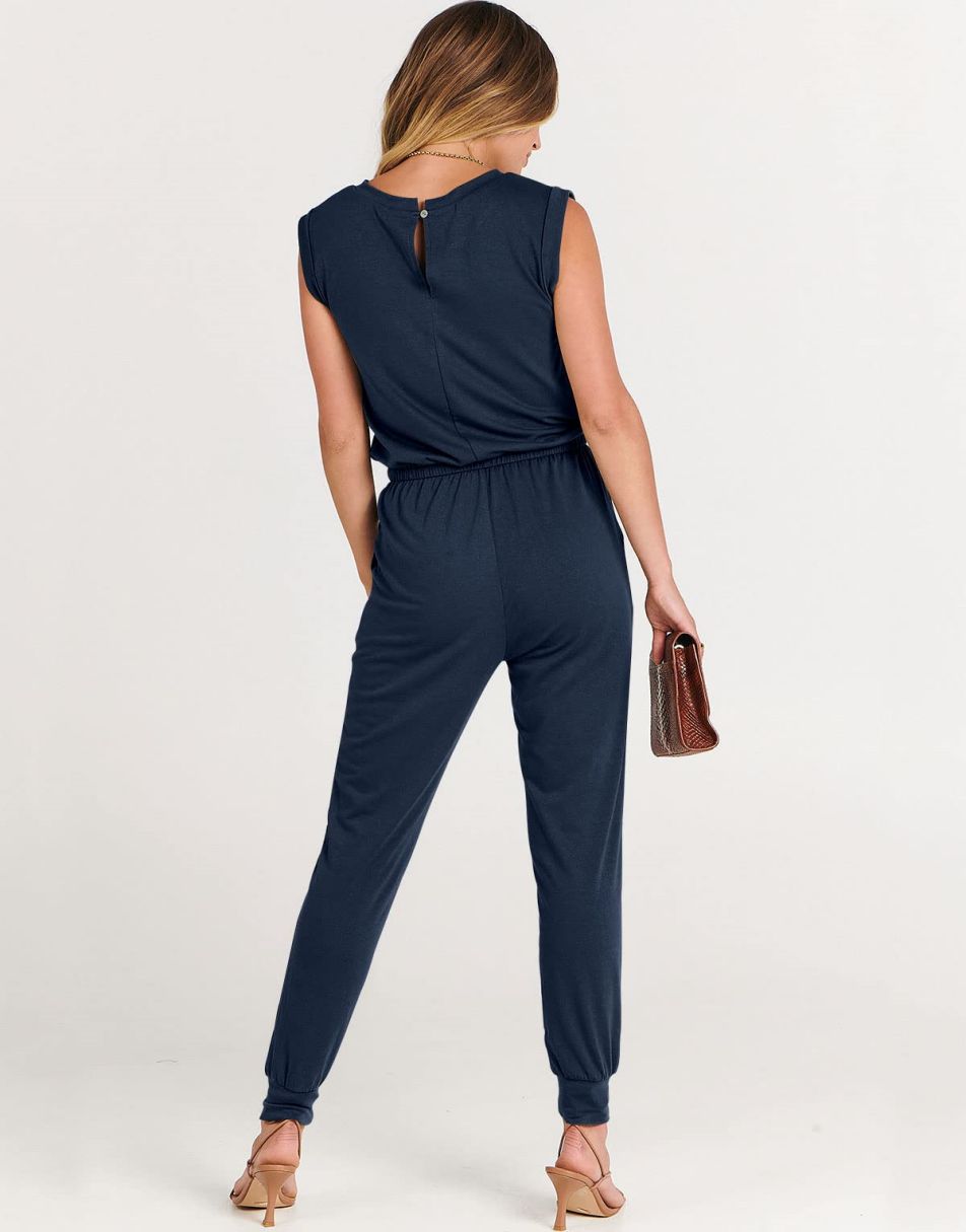 ANRABESS Crewneck Sleeveless Stretchy Jumpsuits Rompers with Pockets