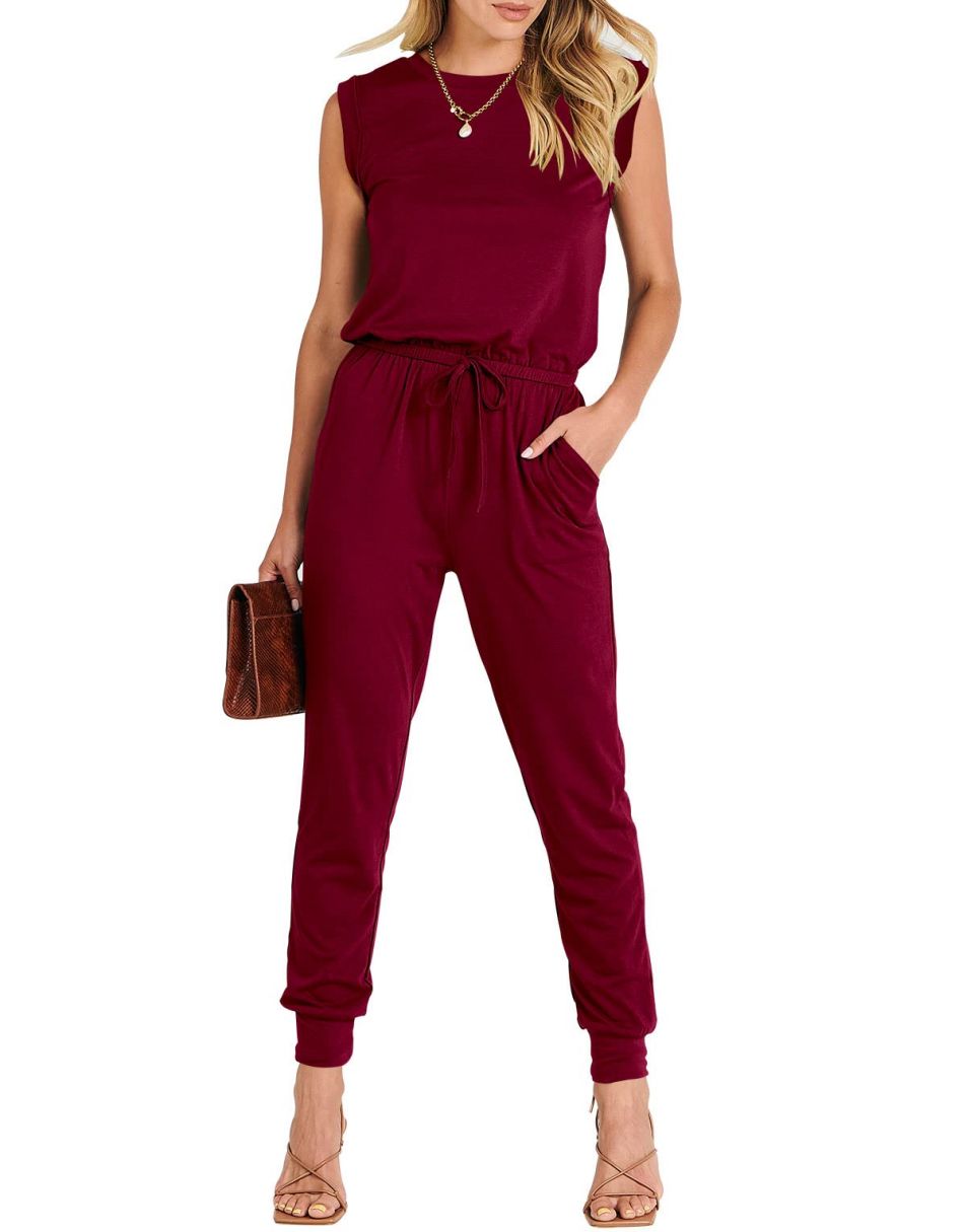 ANRABESS Crewneck Sleeveless Stretchy Jumpsuits Rompers with Pockets