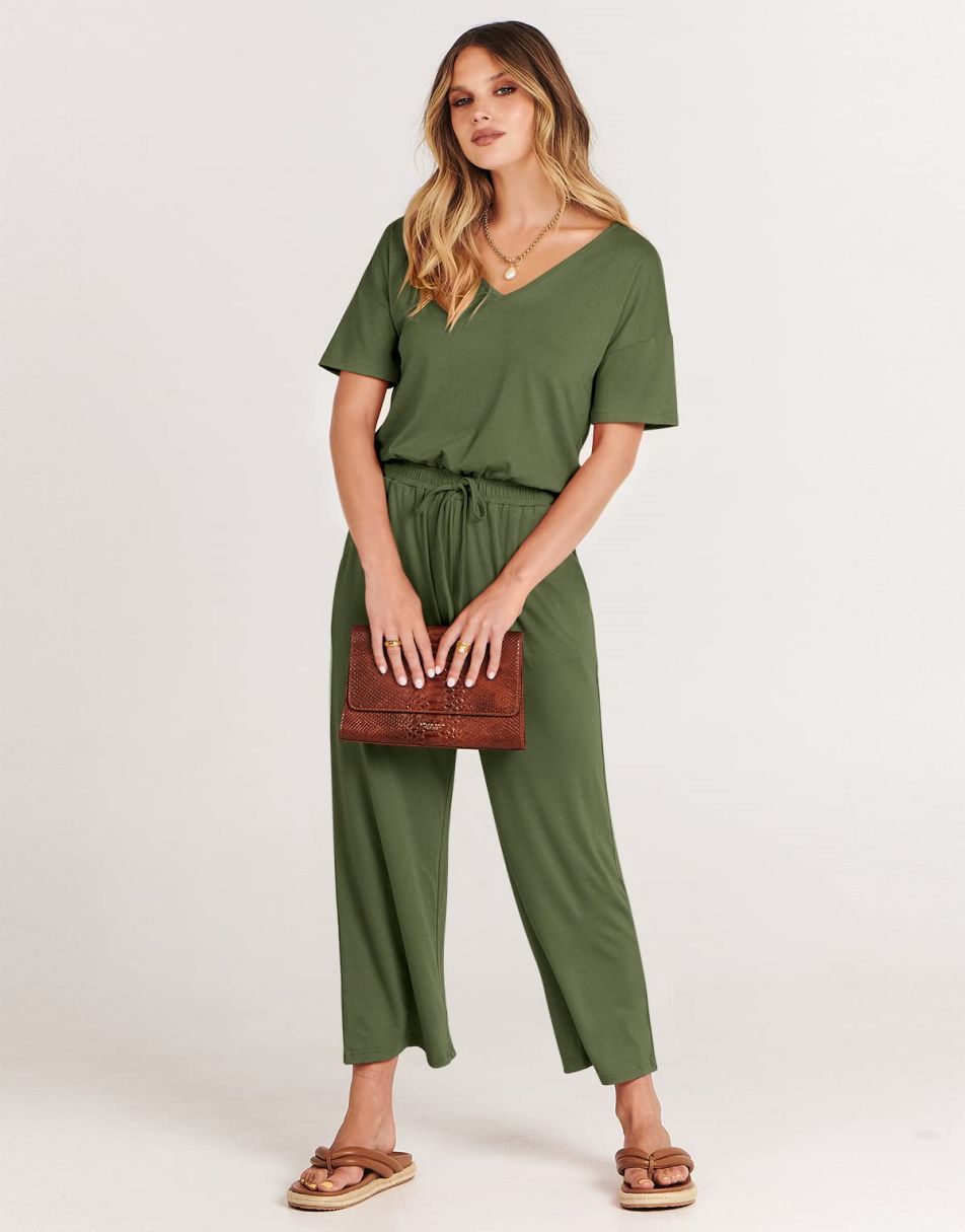 ANRABESS Short Sleeve V Neck Elastic Waist Wide Leg Cropped Pant Jumpsuits Rompers