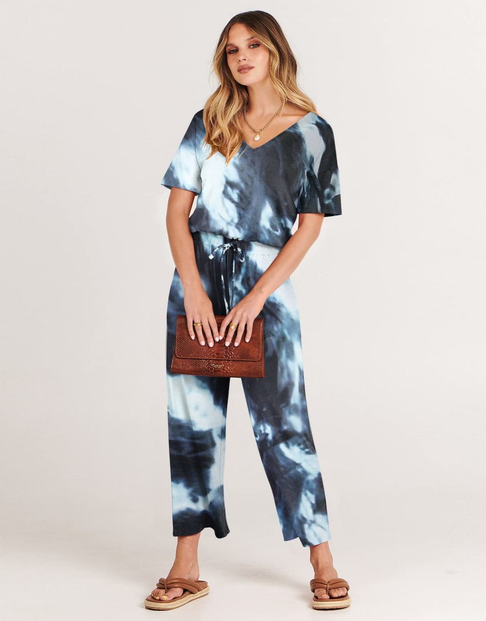 ANRABESS Short Sleeve V Neck Elastic Waist Wide Leg Cropped Pant Jumpsuits Rompers