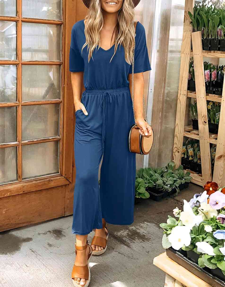 ANRABESS Short Sleeve V Neck Elastic Waist Wide Leg Cropped Pant Jumpsuits Rompers