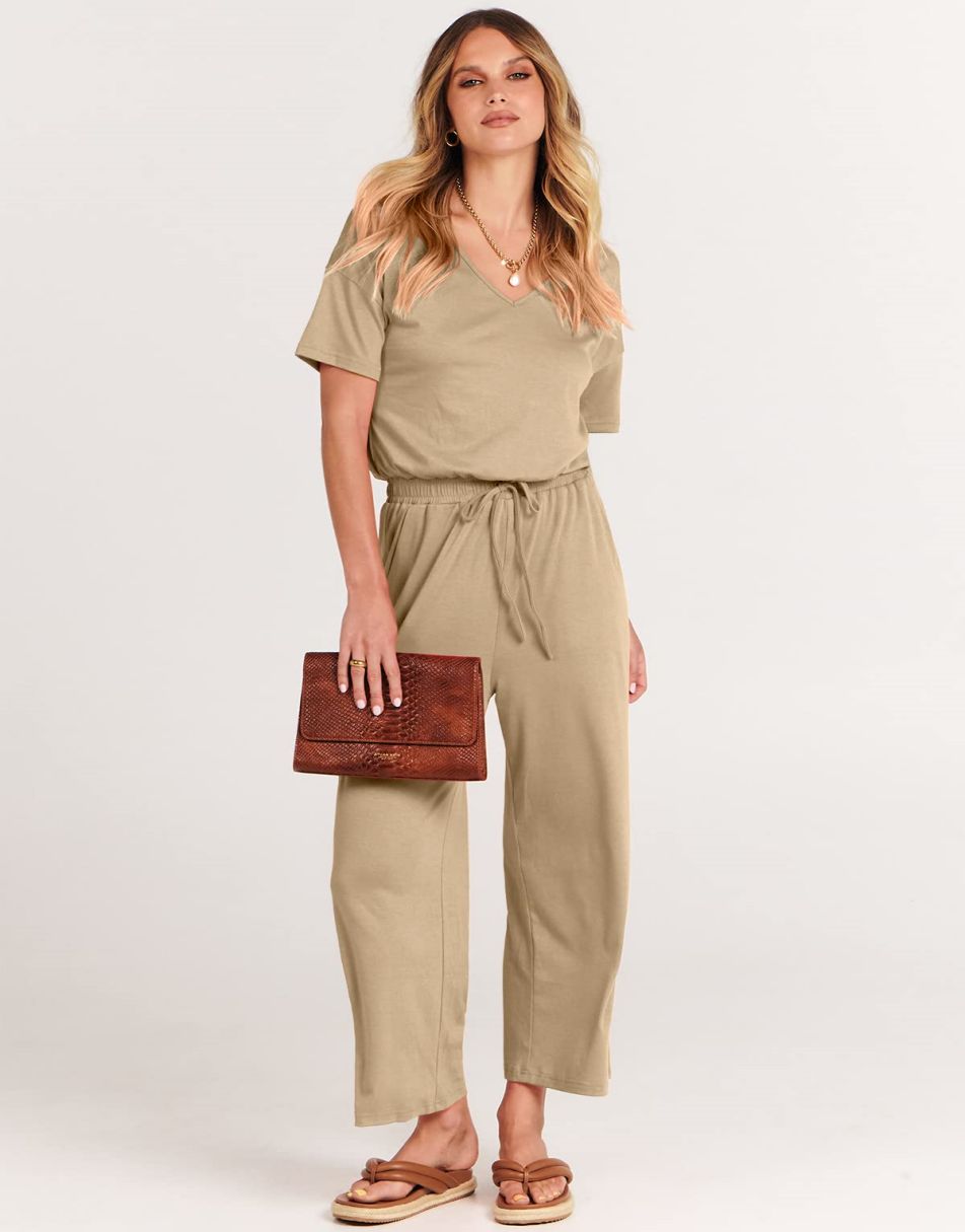 ANRABESS Short Sleeve V Neck Elastic Waist Wide Leg Cropped Pant Jumpsuits Rompers
