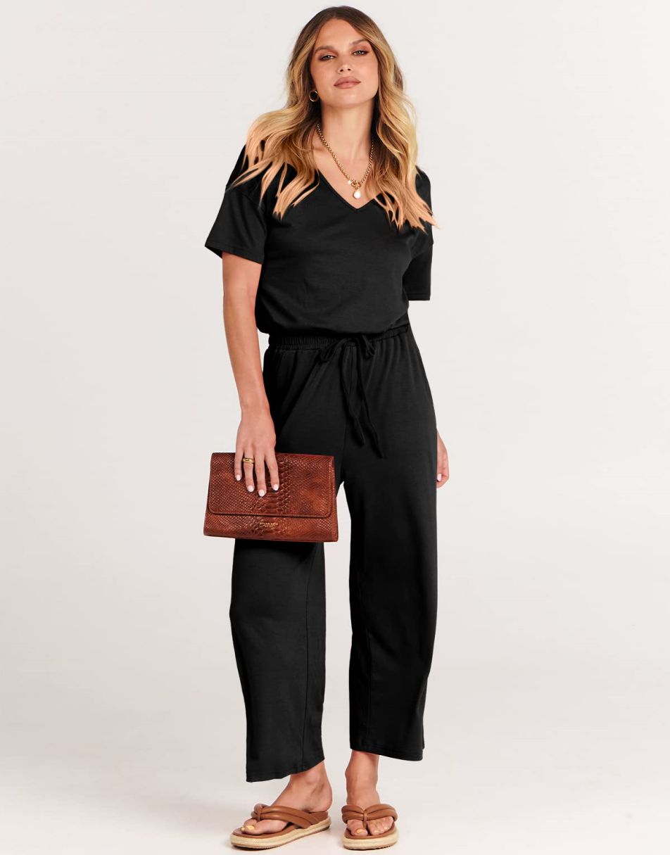 ANRABESS Short Sleeve V Neck Elastic Waist Wide Leg Cropped Pant Jumpsuits Rompers