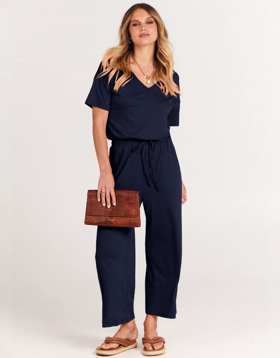 ANRABESS Short Sleeve V Neck Elastic Waist Wide Leg Cropped Pant Jumpsuits Rompers