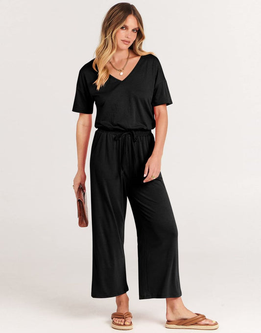 ANRABESS Short Sleeve V Neck Elastic Waist Wide Leg Cropped Pant Jumpsuits Rompers