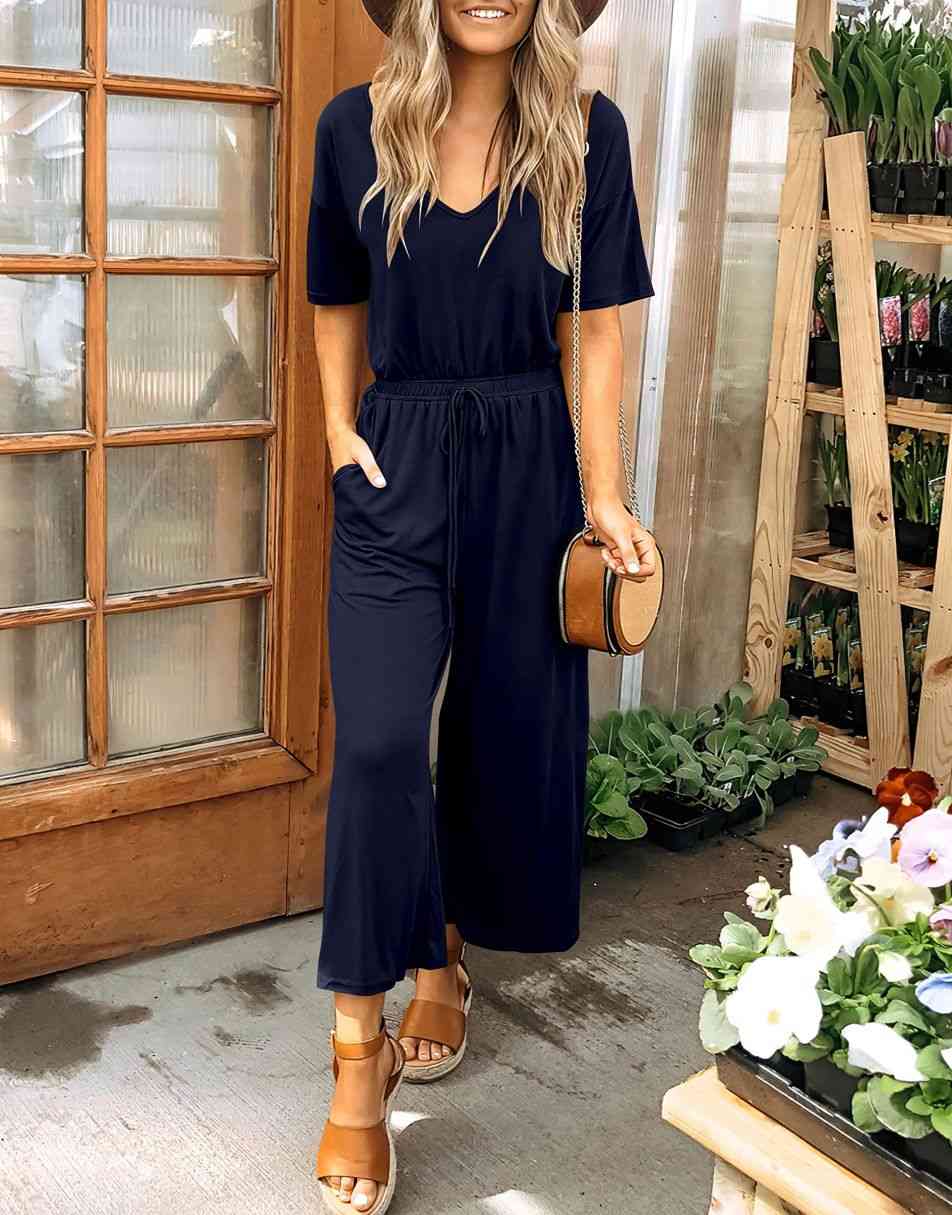 ANRABESS Short Sleeve V Neck Elastic Waist Wide Leg Cropped Pant Jumpsuits Rompers