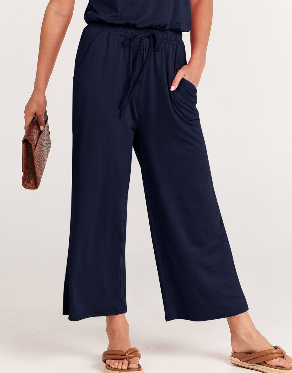 ANRABESS Short Sleeve V Neck Elastic Waist Wide Leg Cropped Pant Jumpsuits Rompers