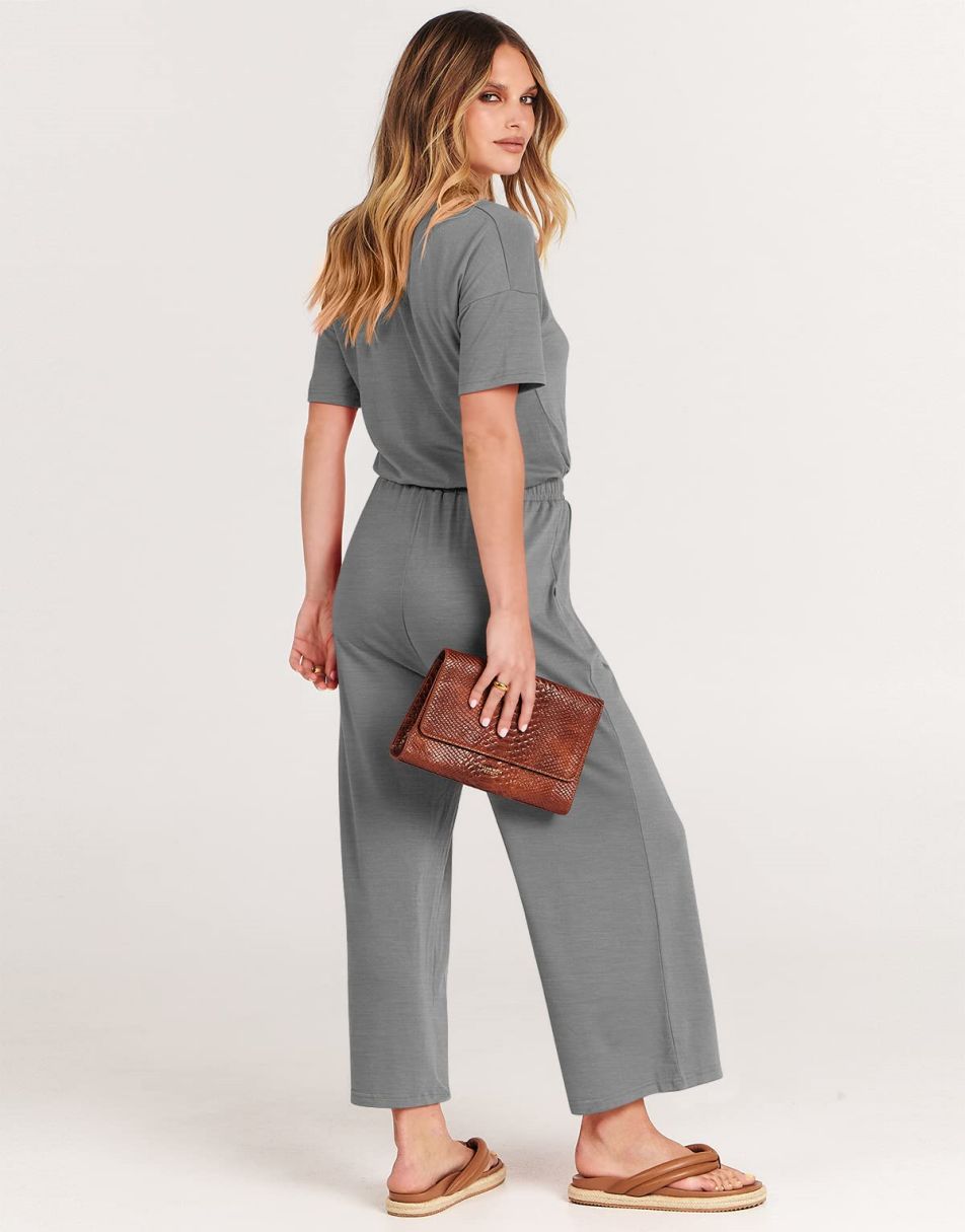 ANRABESS Short Sleeve V Neck Elastic Waist Wide Leg Cropped Pant Jumpsuits Rompers