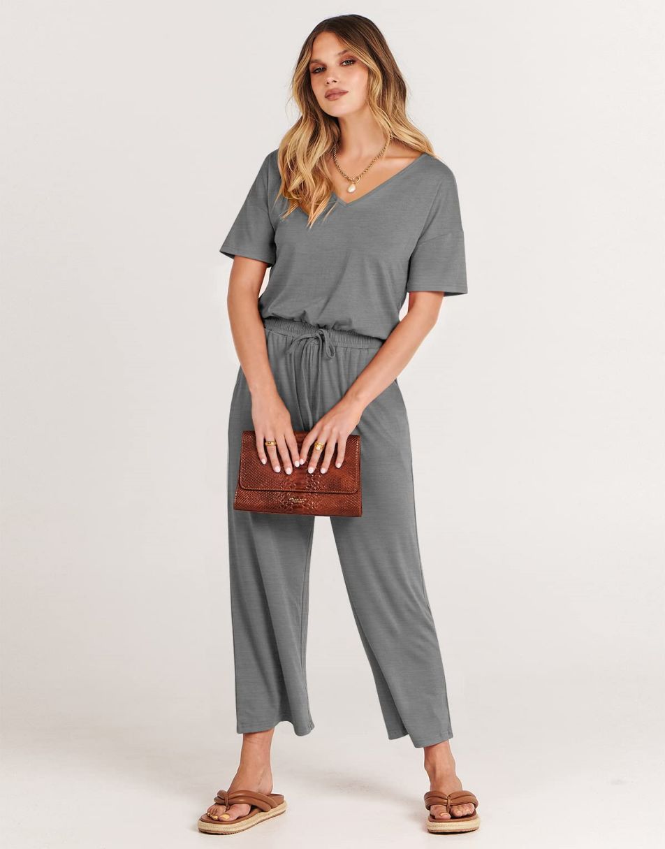 ANRABESS Short Sleeve V Neck Elastic Waist Wide Leg Cropped Pant Jumpsuits Rompers