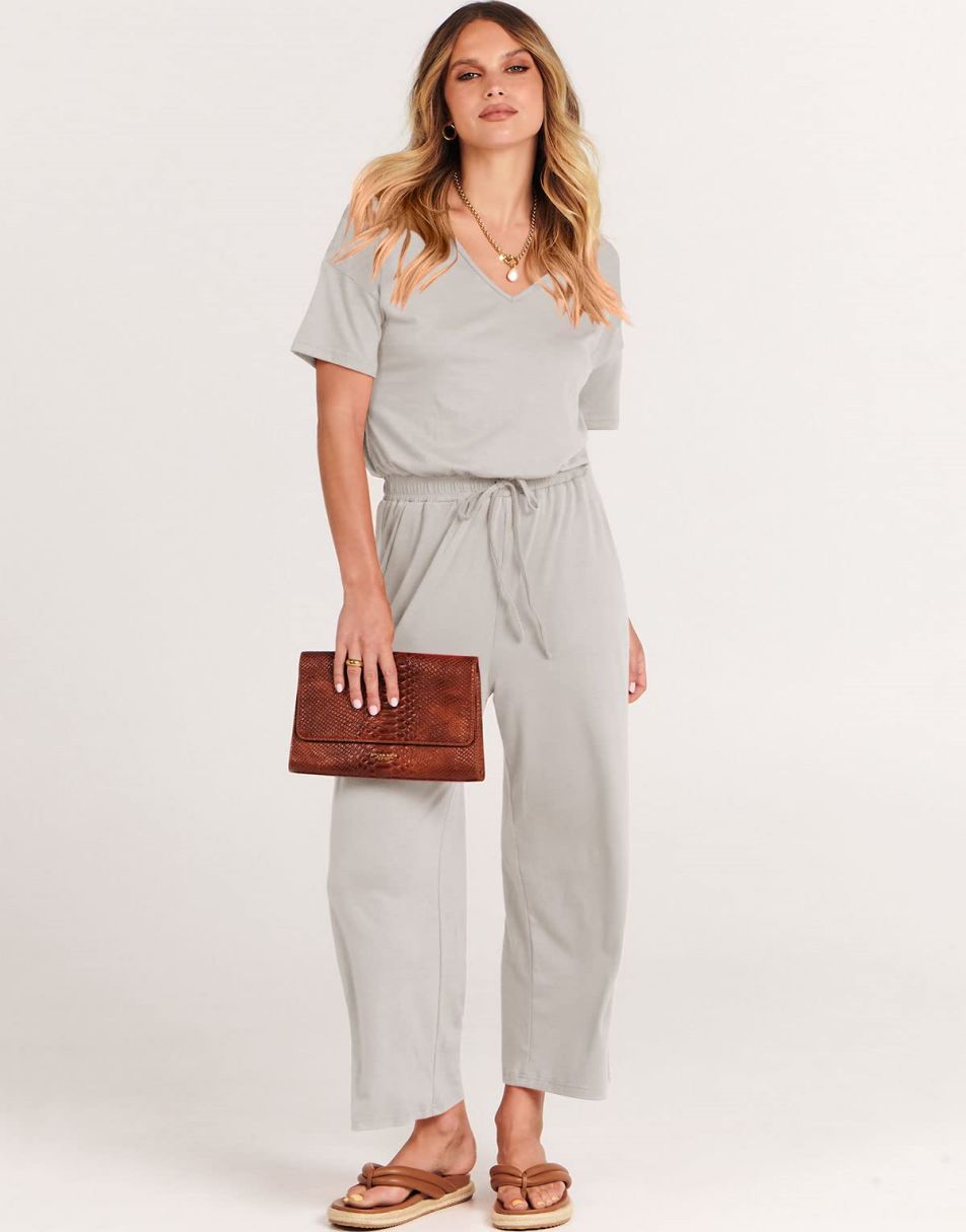 ANRABESS Short Sleeve V Neck Elastic Waist Wide Leg Cropped Pant Jumpsuits Rompers