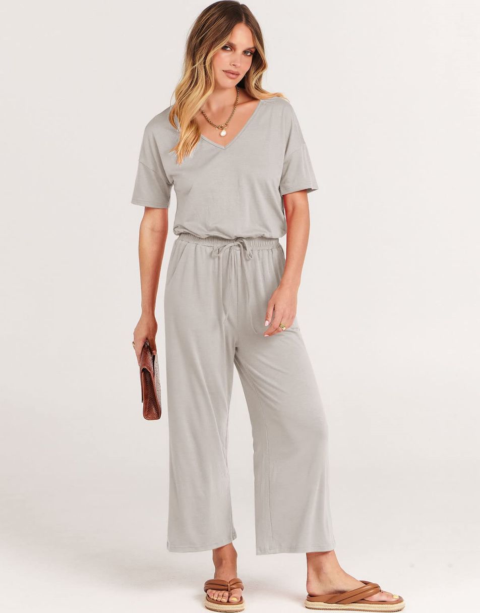 ANRABESS Short Sleeve V Neck Elastic Waist Wide Leg Cropped Pant Jumpsuits Rompers