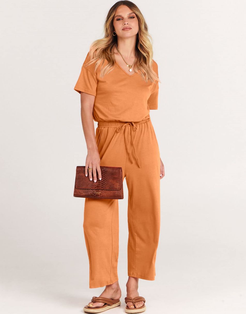 ANRABESS Short Sleeve V Neck Elastic Waist Wide Leg Cropped Pant Jumpsuits Rompers