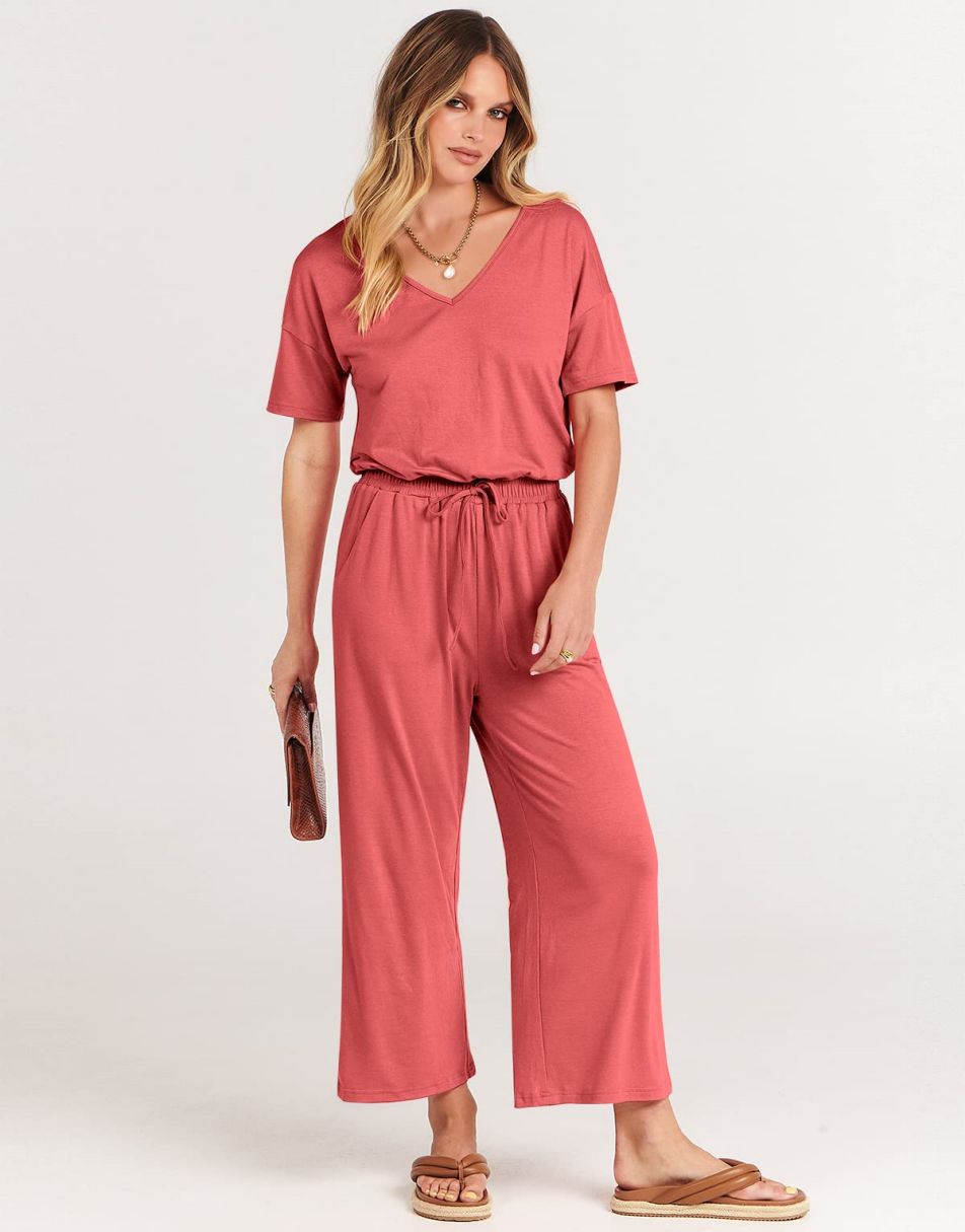 ANRABESS Short Sleeve V Neck Elastic Waist Wide Leg Cropped Pant Jumpsuits Rompers
