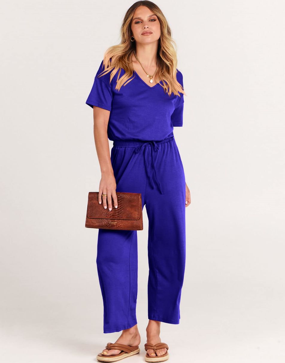 ANRABESS Short Sleeve V Neck Elastic Waist Wide Leg Cropped Pant Jumpsuits Rompers