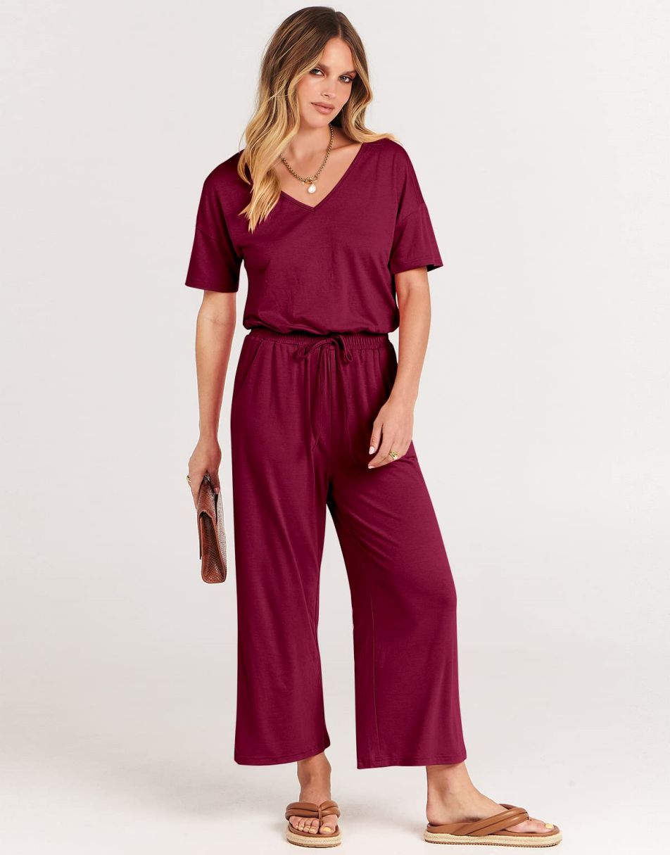 ANRABESS Short Sleeve V Neck Elastic Waist Wide Leg Cropped Pant Jumpsuits Rompers