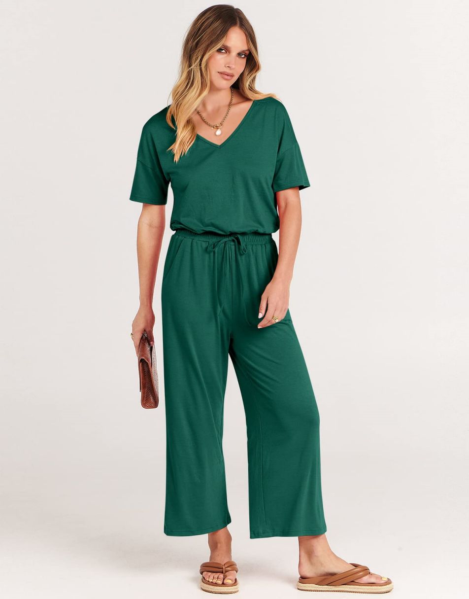 ANRABESS Short Sleeve V Neck Elastic Waist Wide Leg Cropped Pant Jumpsuits Rompers