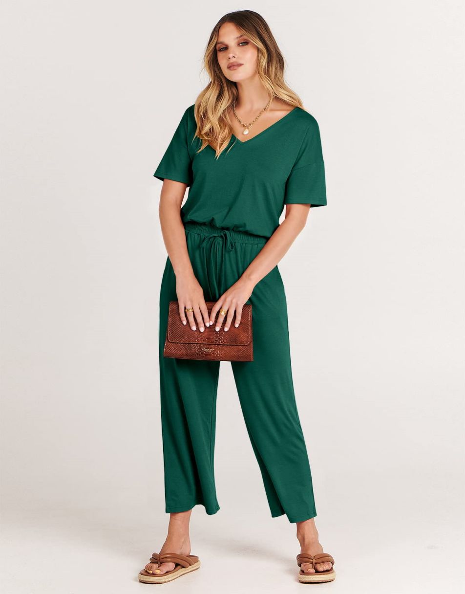 ANRABESS Short Sleeve V Neck Elastic Waist Wide Leg Cropped Pant Jumpsuits Rompers