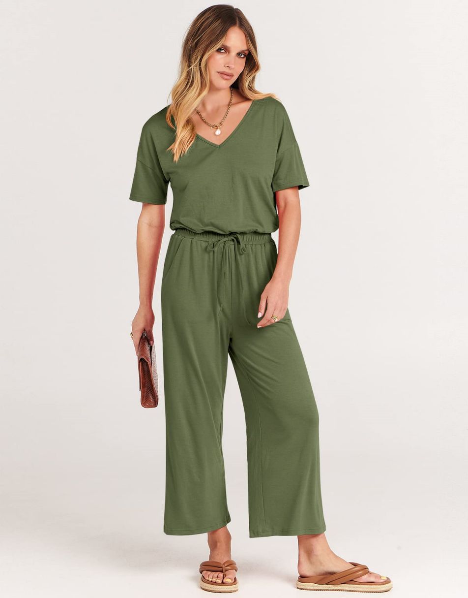 ANRABESS Short Sleeve V Neck Elastic Waist Wide Leg Cropped Pant Jumpsuits Rompers