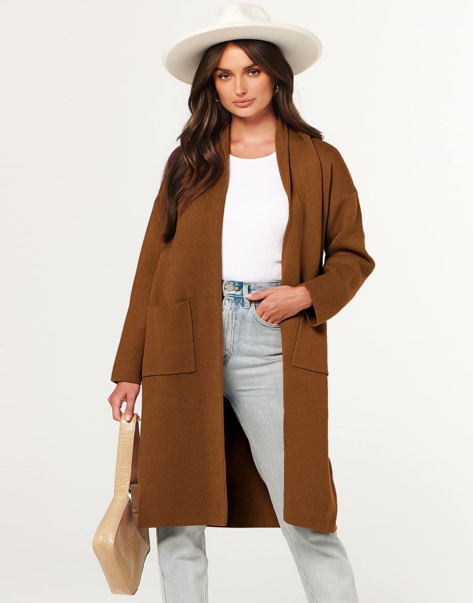 ANRABESS Women's 2023 Fall Cardigan Sweater Long Sleeve Open Front Lapel Coat Casual Knit Coatigan Jacket with Pockets