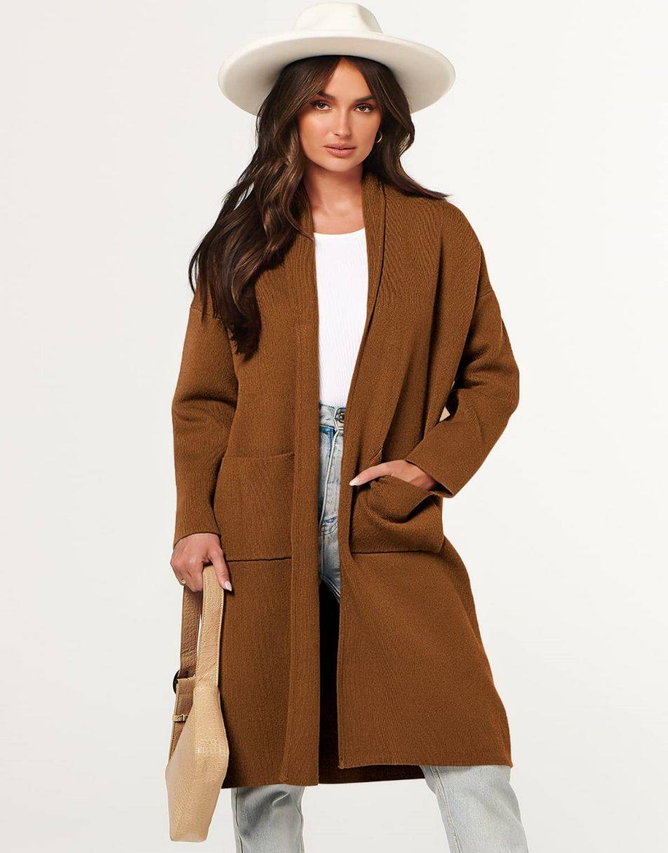 ANRABESS Women's 2023 Fall Cardigan Sweater Long Sleeve Open Front Lapel Coat Casual Knit Coatigan Jacket with Pockets