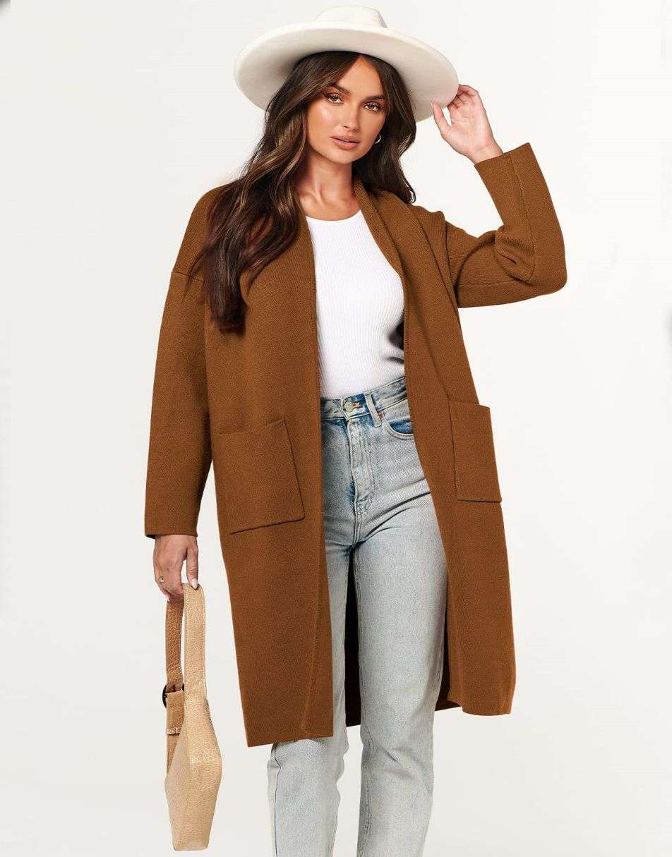 ANRABESS Women's 2023 Fall Cardigan Sweater Long Sleeve Open Front Lapel Coat Casual Knit Coatigan Jacket with Pockets