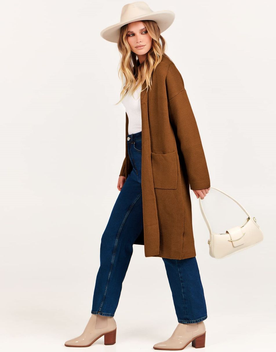 ANRABESS Women's 2023 Fall Cardigan Sweater Long Sleeve Open Front Lapel Coat Casual Knit Coatigan Jacket with Pockets