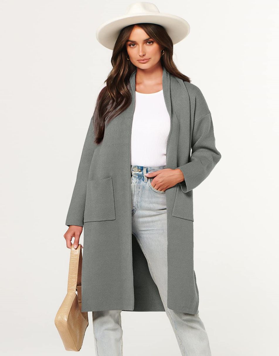 ANRABESS Women's 2023 Fall Cardigan Sweater Long Sleeve Open Front Lapel Coat Casual Knit Coatigan Jacket with Pockets