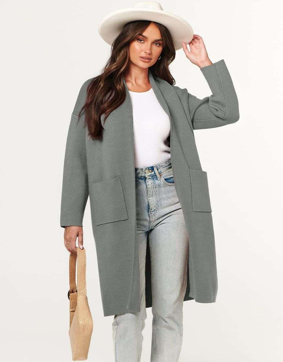 ANRABESS Women's 2023 Fall Cardigan Sweater Long Sleeve Open Front Lapel Coat Casual Knit Coatigan Jacket with Pockets