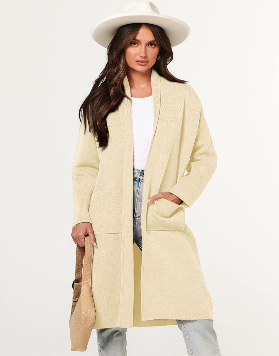 ANRABESS Women's 2023 Fall Cardigan Sweater Long Sleeve Open Front Lapel Coat Casual Knit Coatigan Jacket with Pockets
