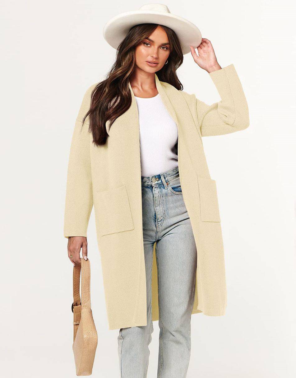 ANRABESS Women's 2023 Fall Cardigan Sweater Long Sleeve Open Front Lapel Coat Casual Knit Coatigan Jacket with Pockets