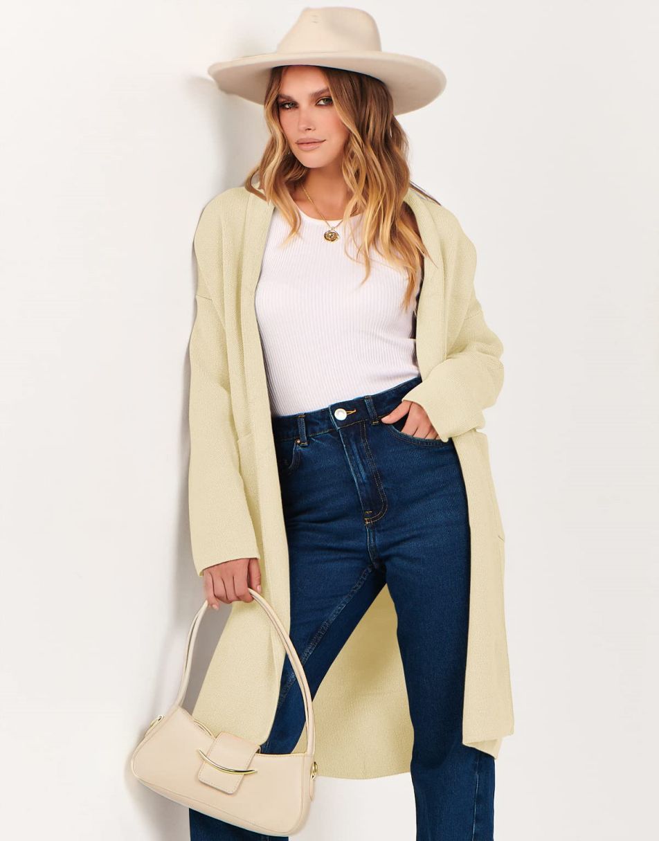 ANRABESS Women's 2023 Fall Cardigan Sweater Long Sleeve Open Front Lapel Coat Casual Knit Coatigan Jacket with Pockets