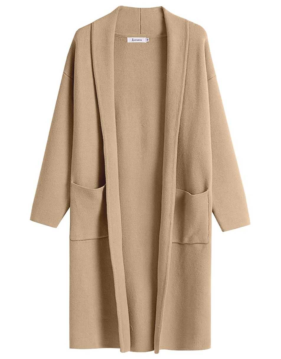 ANRABESS Women's 2023 Fall Cardigan Sweater Long Sleeve Open Front Lapel Coat Casual Knit Coatigan Jacket with Pockets