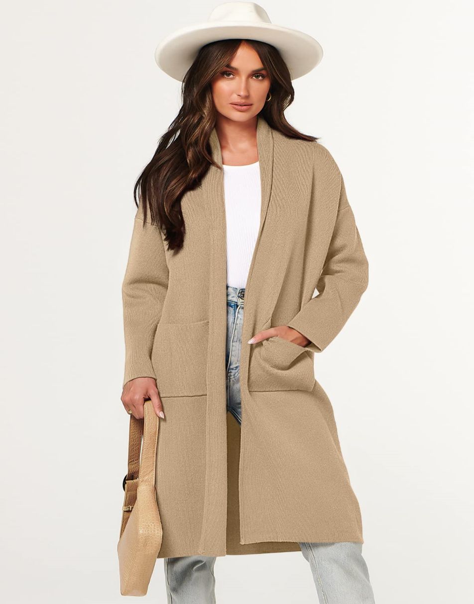 ANRABESS Women's 2023 Fall Cardigan Sweater Long Sleeve Open Front Lapel Coat Casual Knit Coatigan Jacket with Pockets