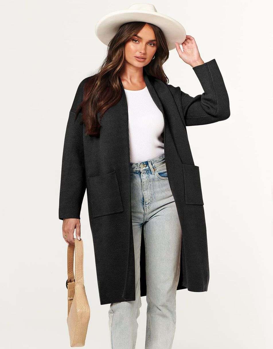 ANRABESS Women's 2023 Fall Cardigan Sweater Long Sleeve Open Front Lapel Coat Casual Knit Coatigan Jacket with Pockets