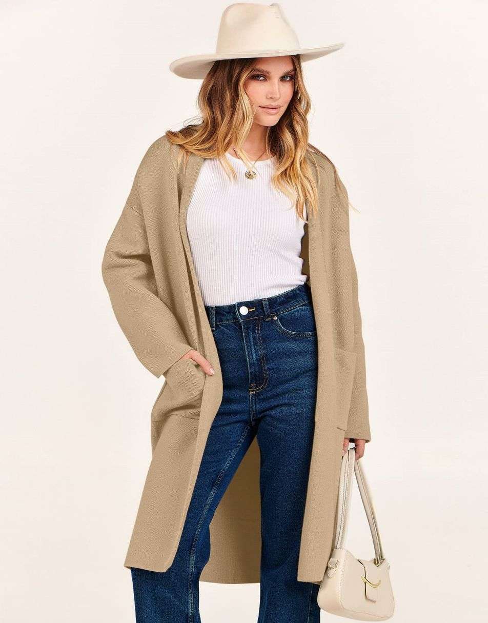 ANRABESS Women's 2023 Fall Cardigan Sweater Long Sleeve Open Front Lapel Coat Casual Knit Coatigan Jacket with Pockets
