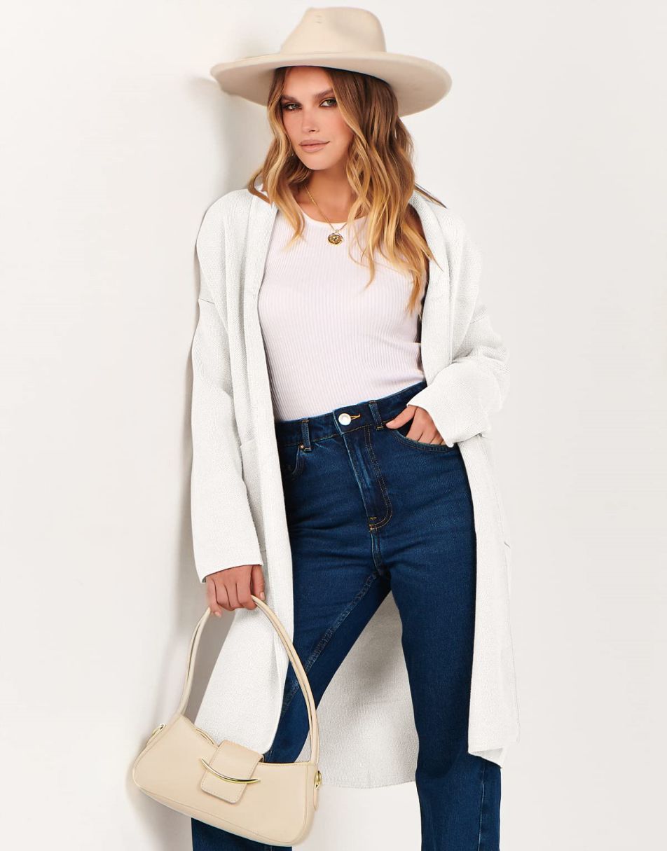 ANRABESS Women's 2023 Fall Cardigan Sweater Long Sleeve Open Front Lapel Coat Casual Knit Coatigan Jacket with Pockets