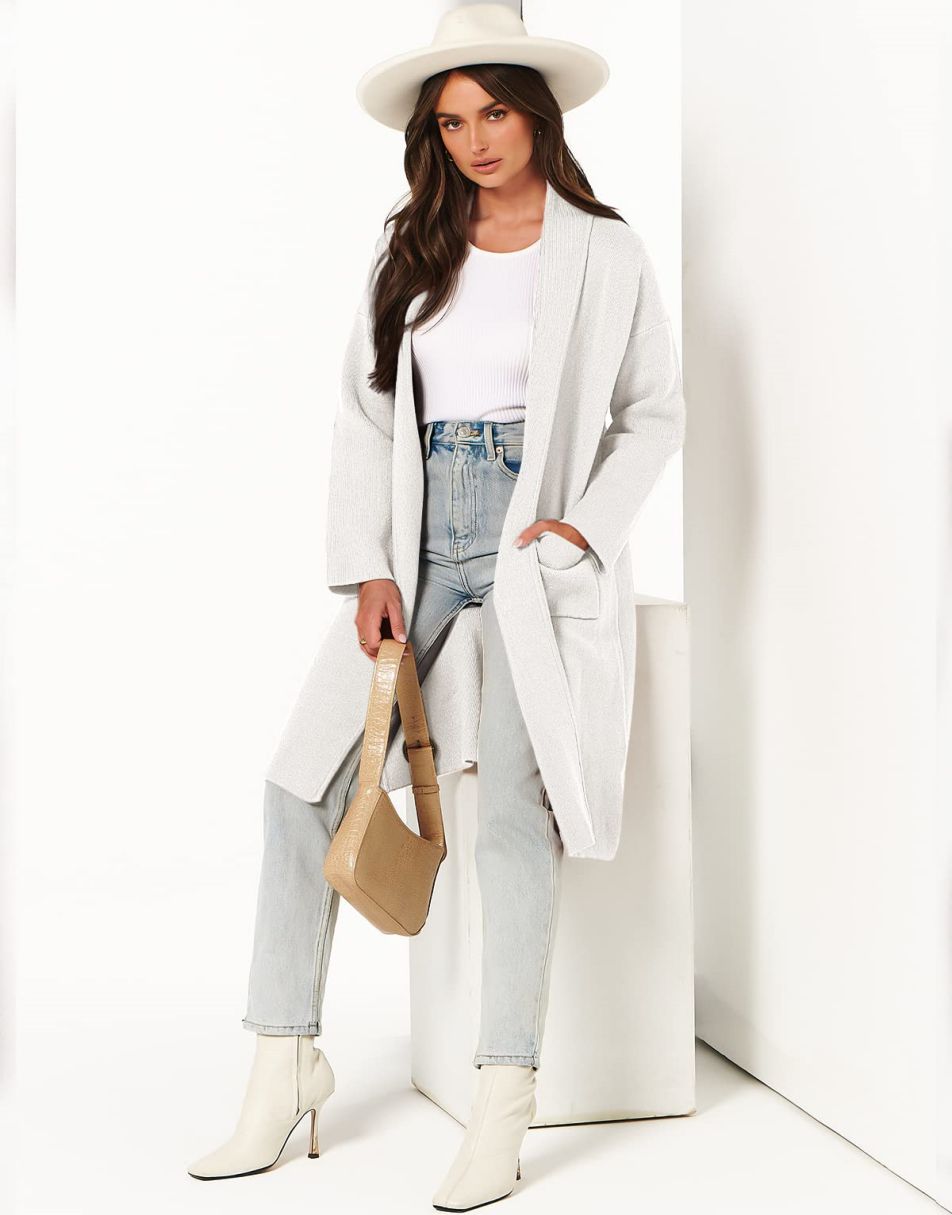 ANRABESS Women's 2023 Fall Cardigan Sweater Long Sleeve Open Front Lapel Coat Casual Knit Coatigan Jacket with Pockets