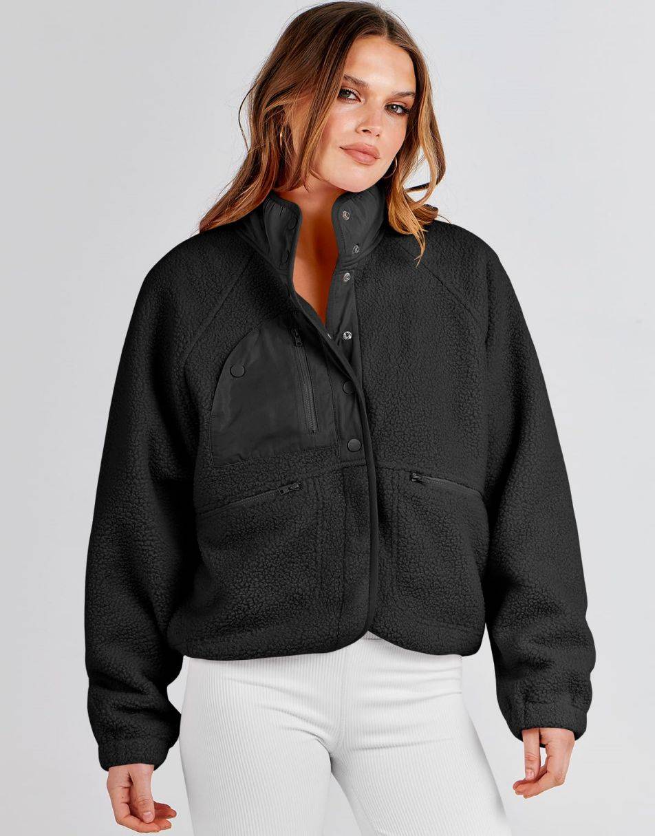 ANRABESS Womens Fleece Jacket Button Down Shacket Casual Sherpa Cropped Coats Warm Outwear with Pockets